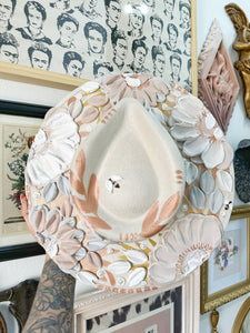 Ivory hat with rose gold, cream, gray and pearls little bees