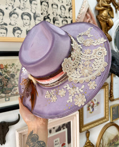 Lilac outlaw beaded and white florals hat