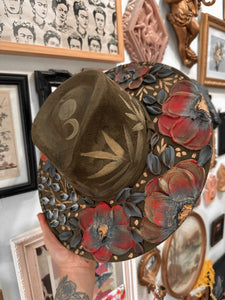 Olive green gold and red with black hat