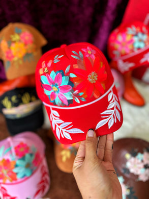 Red trucker hat with florals