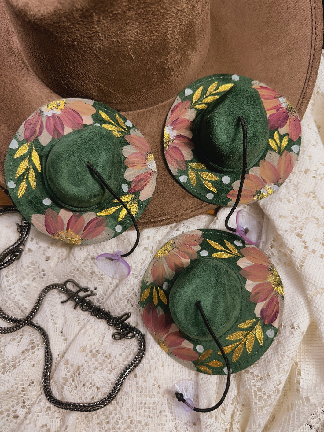 Hunter green mauve hat with gold- mini ornament/ car charm