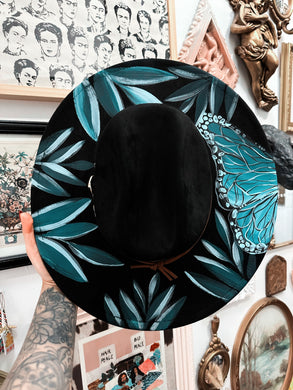 Black turquoise teal boho western flat brim hat