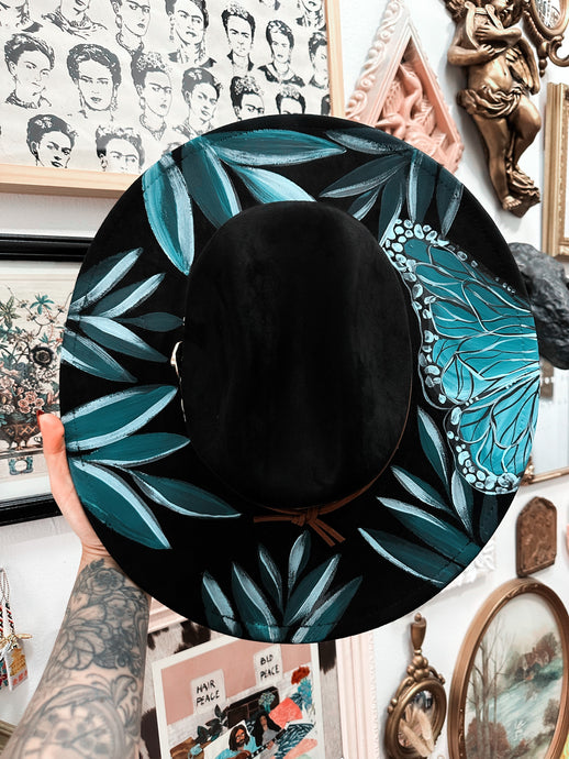 Black turquoise teal boho western flat brim hat