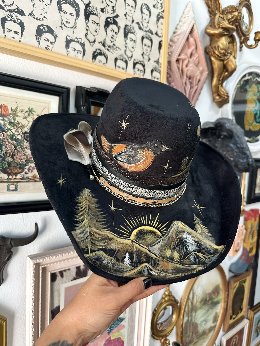 Black outlaw cowgirl hat- Fall bird and mountains