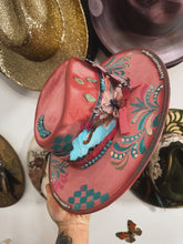 Pink soft velvet with turquoise and silver butterfly outlaw hat
