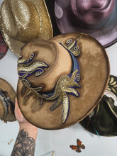 Rare gold beaded work tan with blue around entire hat