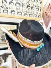 Black and cream with mustard and pink outlaw hat with genuine turquoise stones