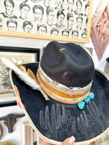 Black and cream with mustard and pink outlaw hat with genuine turquoise stones