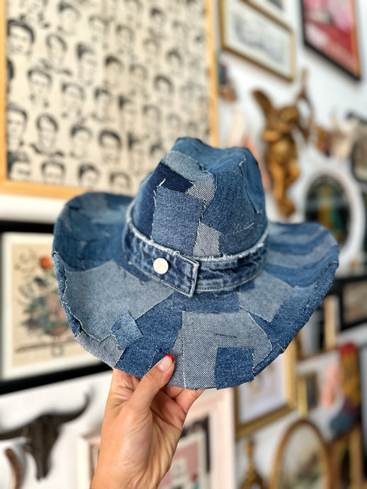 Hand patched denim cowgirl hat top and bottom