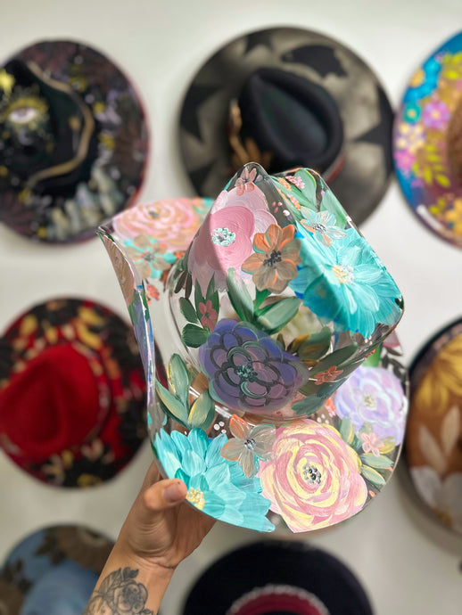 Clear hand painted pastel floral cowgirl hat