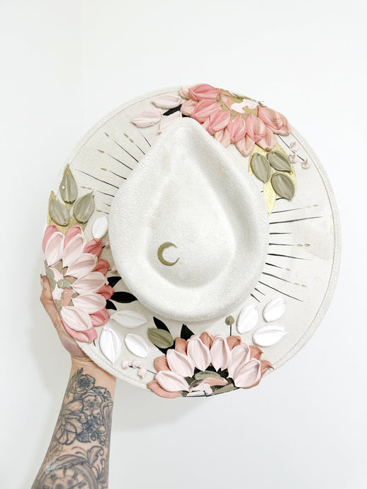 Ivory hat with pink and black sunburst florals little moon