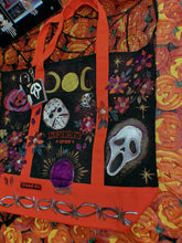 Handpainted large retro witchy spooky Halloween tote with mystery ghost bag charm