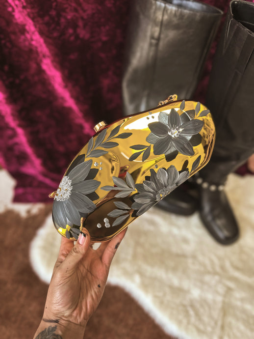Stadium friendly gold with black floral Crossbody bag