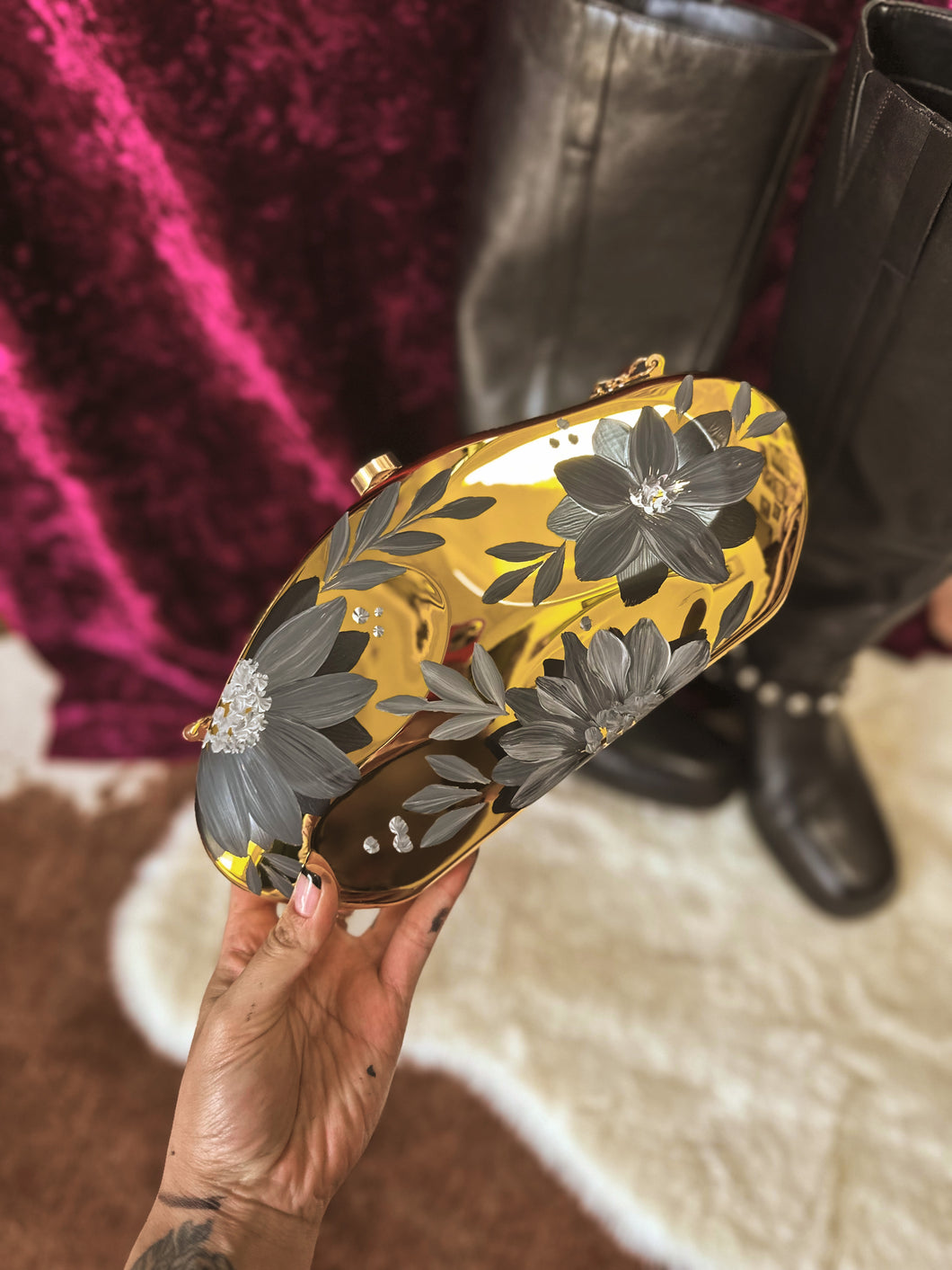 Stadium friendly gold with black floral Crossbody bag