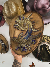 Rare gold beaded work tan with blue around entire hat