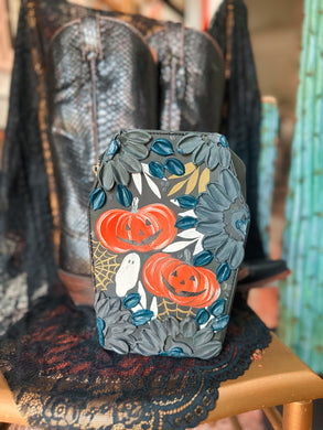 Spooky pumpkin, ghost coffin, black purse with emerald teal