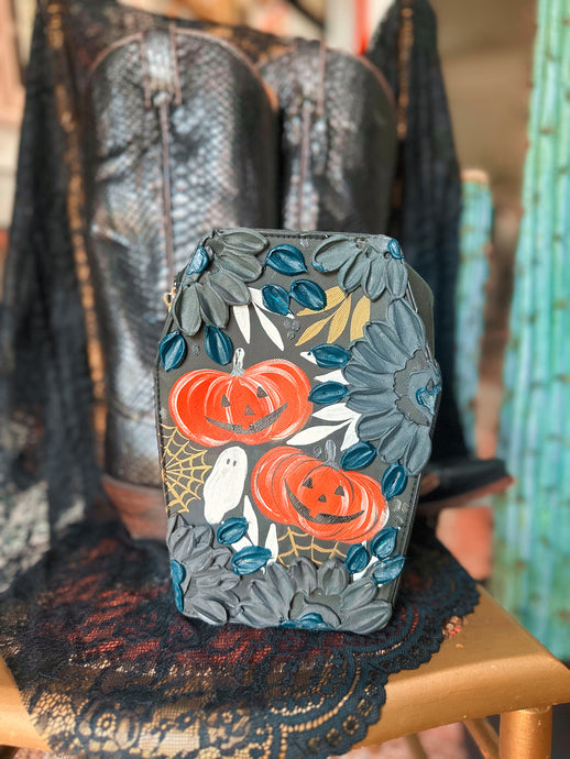 Spooky pumpkin, ghost coffin, black purse with emerald teal