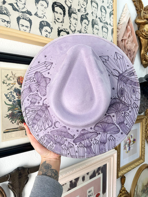 Lilac moth, crystals and mushrooms tattooed hat
