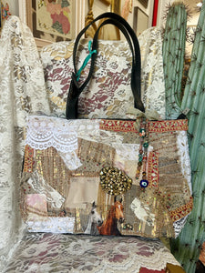 Genuine leather boho western patch and bead work purse