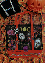 Handpainted large retro witchy spooky Halloween tote with mystery ghost bag charm
