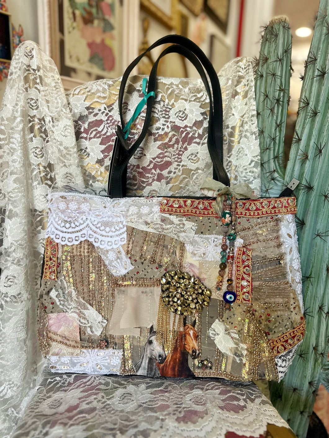 Genuine leather boho western patch and bead work purse