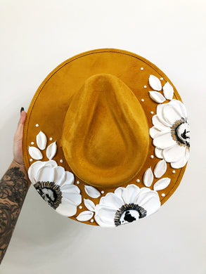 BLACK FRIDAY: Mustard widebrimmed hat with White florals